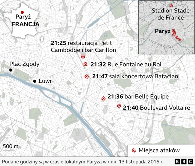 Mapa pokazująca chronologię ataków z 13 listopada 2015 r.