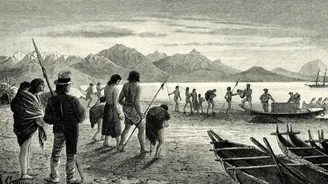 conquistadores hacen trueque con nativos en el estrecho de magallanes