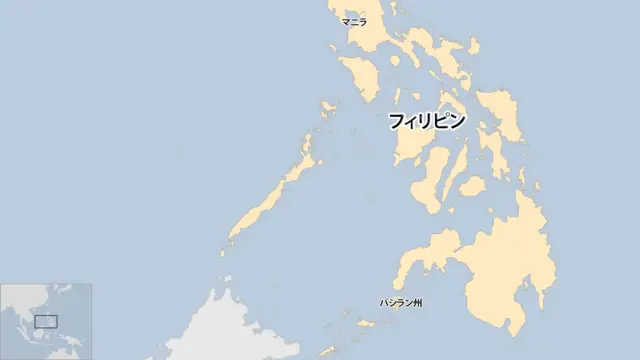 フィリピンの地図。南部にバシラン州、北部に首都マニラが位置する