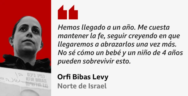 Foto de Orfi Bibas Levy con la cita: "Hemos llegado a un año. Me cuesta mantener la fe, seguir creyendo en que llegaremos a abrazarlos una vez más. No sé cómo un bebé y un niño de 4 años pueden sobrevivir esto".