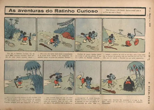 Página da revista O Tico Tico com tirinhas do Mickey Mouse sob o título "As Aventuras do Ratinho Curioso"