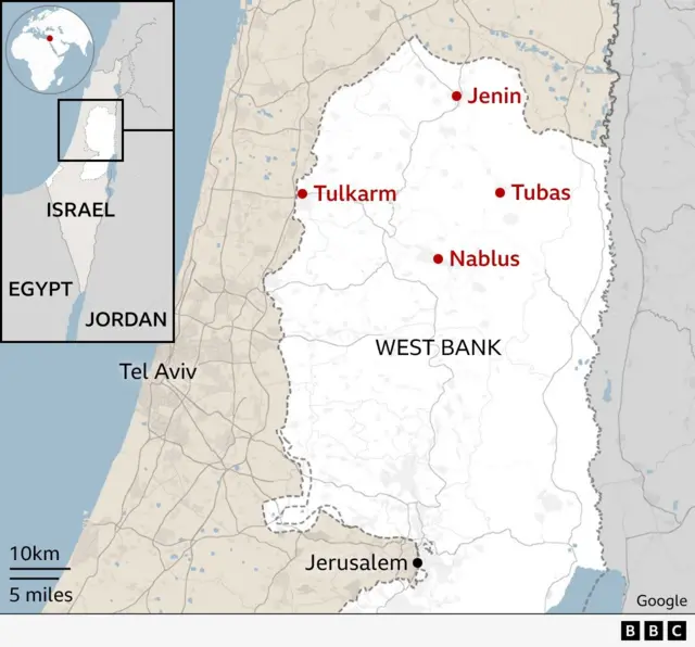 Map showing cities of Jenin, Tulkarm, Nablus and Tubas, where Israeli forces conducted raids