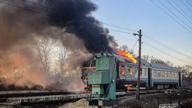 Поїзд палає після удару дрона