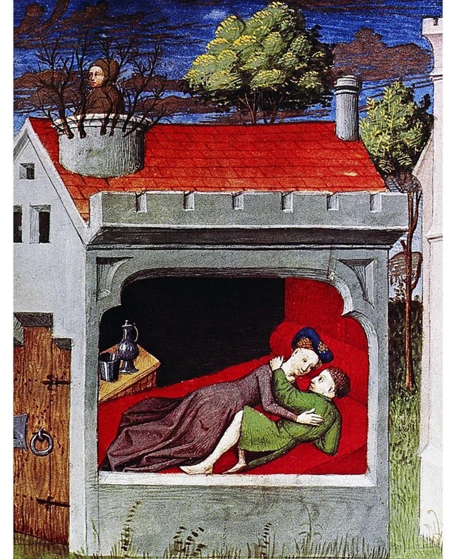 Une illustration d'une traduction française du Décaméron du XVe siècle représentant deux des nombreux amants de l'histoire