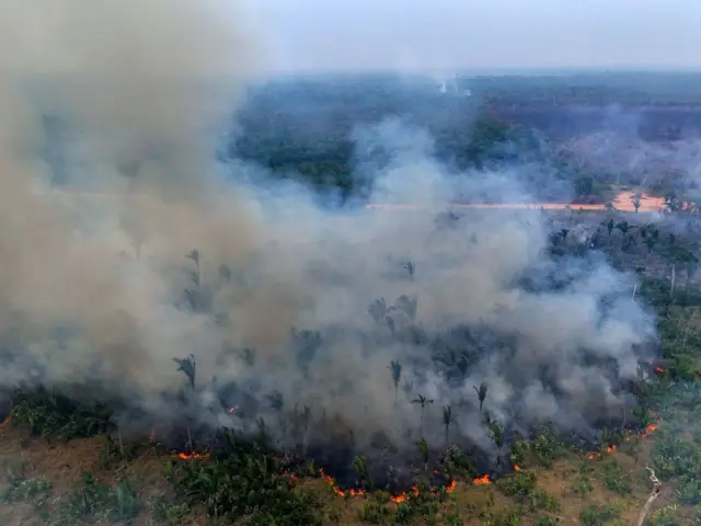 Vista aérea del enorme humo que resultó de un incendio ilegal en la selva amazónica en el norte de Brasil, tomada el 4 de septiembre de 2024. 