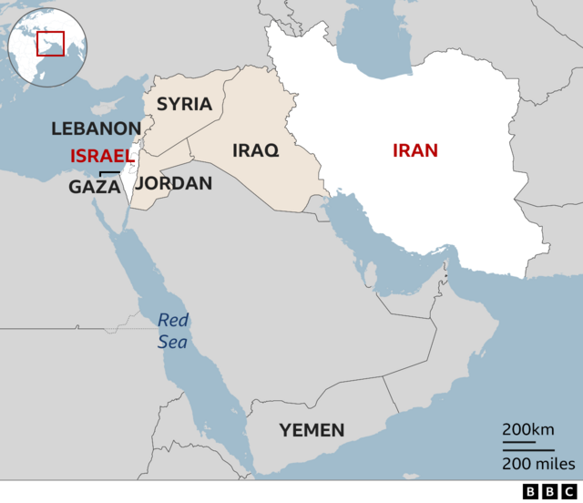Map showing Iran, Israel and neighbouring countries