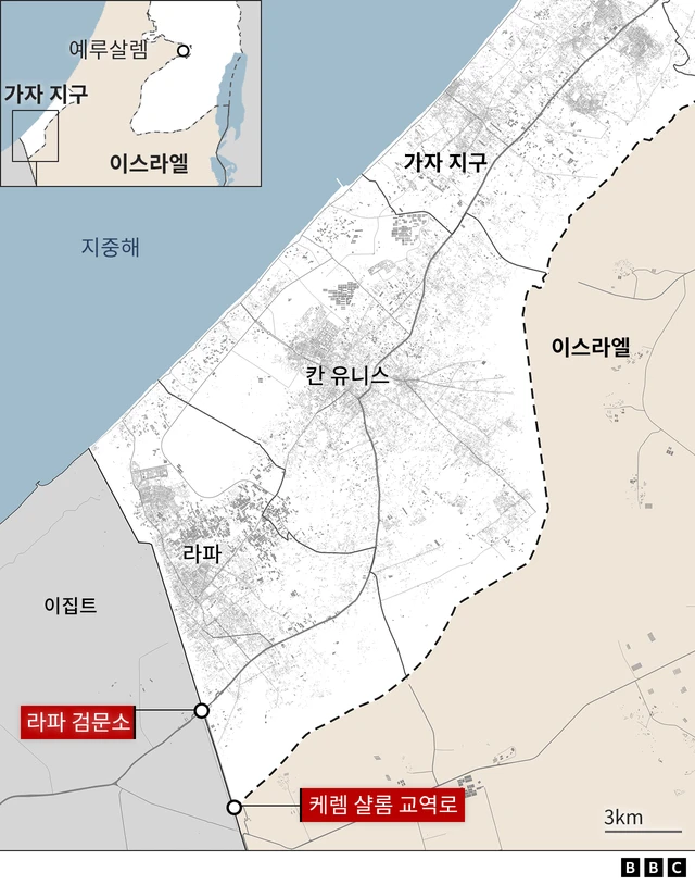 라파 검문소, 케렘 샬롬 교역로, 에레즈 검문소 위치를 표시한 지도