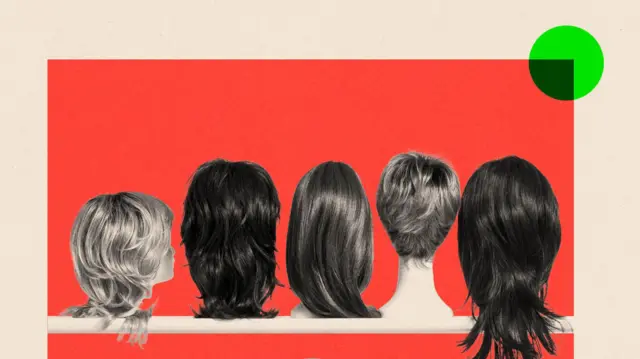 Ilustración de varios maniquíes con pelucas