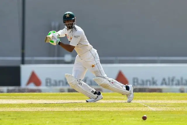 Shan Masood of Pakistan during the 2nd day of 1st Test match between West Indies and Pakistan at Brian Lara Cricket Academy in Tarouba