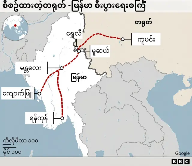 ရန်ကုန်၊ ကျောက်ဖြူ၊ မန္တလေး၊ မူဆယ်၊ ရွှေလီနဲ့ ကူမင်းမြို့တွေပြတဲ့ တရုတ် နဲ့ မြန်မာ မြေပုံ ကျောက်ဖြူကနေ ကူမင်းအထိ ရထားလမ်းဖောက်လုပ်မယ့် လျာထား လမ်းကြောင်းကို မြေပြံမှာ အနီရောင် စက်များဖြင့်ပြသထား