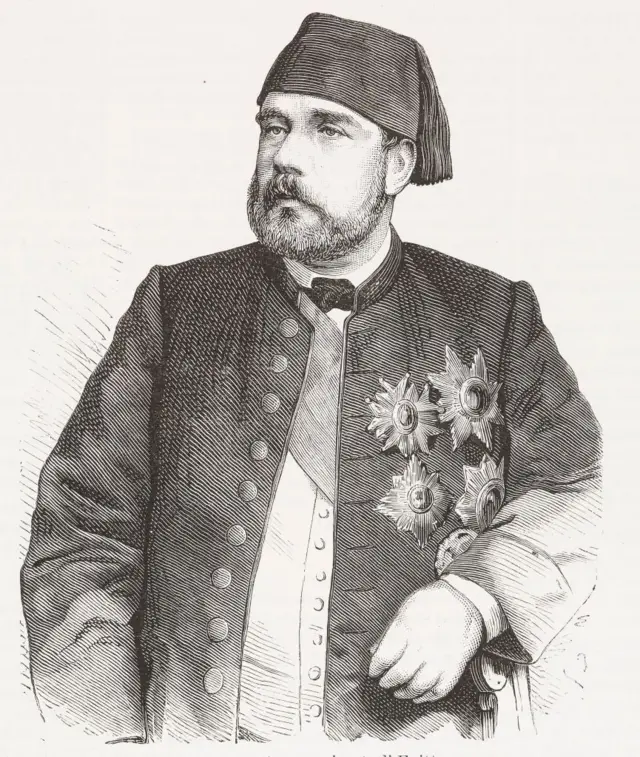  رسم توضيحي باللونين الأبيض والأسود، للخديوي المصري إسماعيل باشا، يرتدي طربوشاً ووقيمصاً فوقه سترة تعلوها نياشين. الصورة من نقش من مجلة L'Illustrazione Italiana