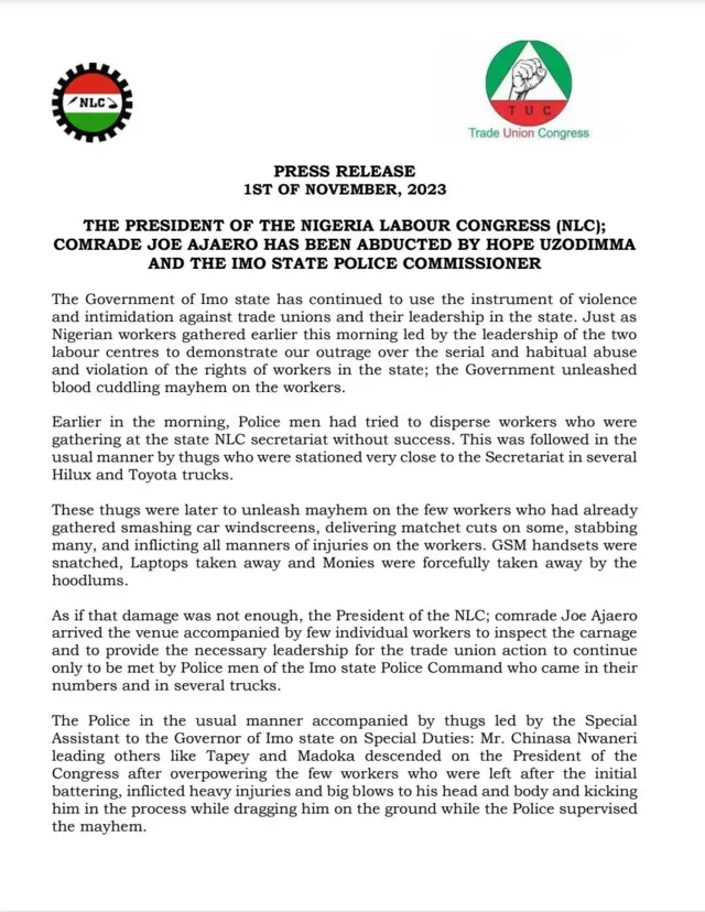 Aworan atẹjade NLC lori iṣẹlẹ to waye ni Imo