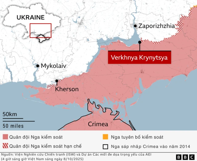 Bản đồ miền nam Ukraine tính đến ngày 7/10/2025 giờ địa phương, hiển thị các khu vực: do quân đội Nga kiểm soát màu đỏ,