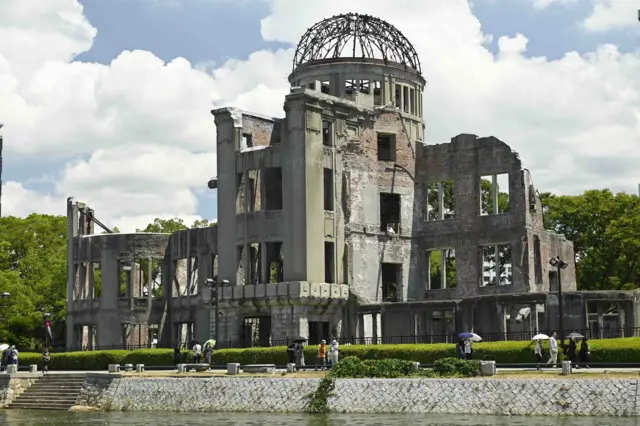 Hiroshima Peace Memorial (Genbaku Dome), with a partially disintegrated dome and building in ruins