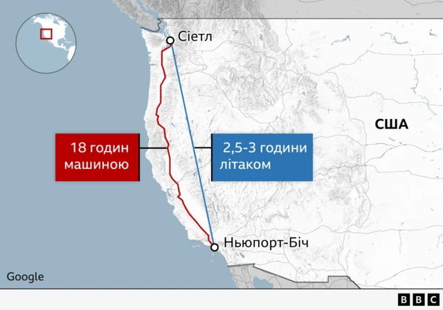 карта США, Каліфорнія, Ньюпорт-Біч, Сіетл, переліт 