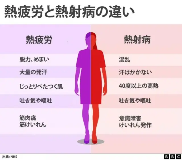 熱疲労と熱中症の違いを示す図。熱疲労の症状は、めまいやふらつき、過度の発汗、冷や汗、吐き気や嘔吐、筋肉のけいれんなど。熱中症の症状は、錯乱、無発汗、体温が40度を超え、皮膚が熱く乾燥する、吐き気や嘔吐、意識喪失やけいれん発作など