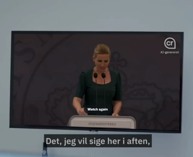 Скриншот из дипфейка с Метте Фредериксен с датскими субтитрами