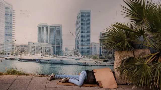 نازح على أحد الأرصفة قرب كورنيش بيروت