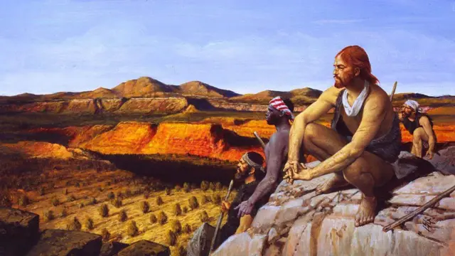 Pintura histórica de varios exploradores en una formación rocosa, observando un amplio paisaje árido de cañones y montañas al atardecer.