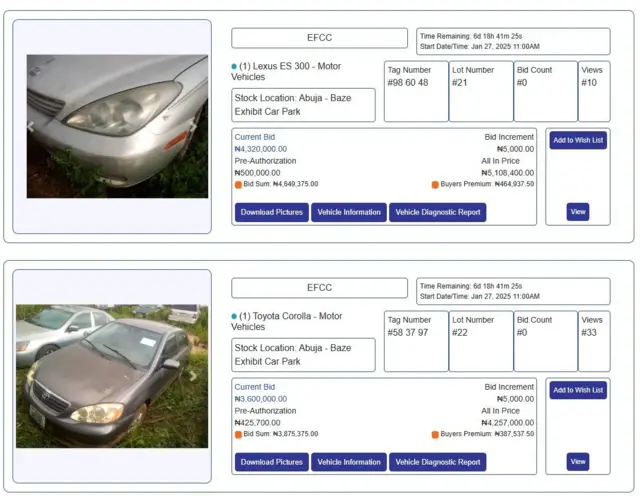 Fotos of forfeited vehicles wey EFCC wan sell
