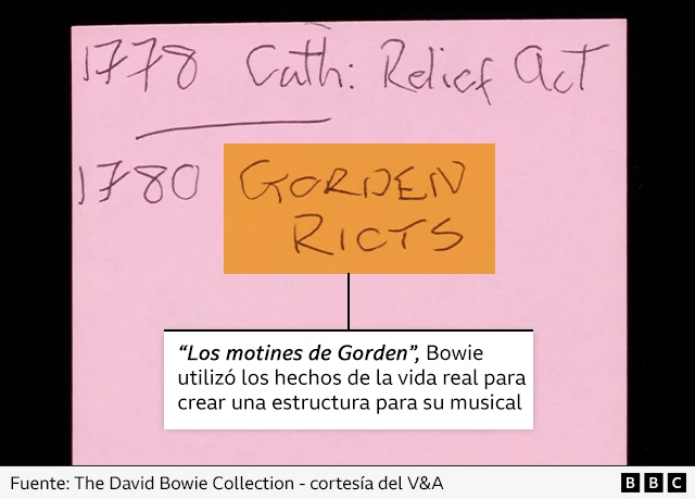 Primer plano de una de las notas de David Bowie, que dice 'Los Motines de Gorden'