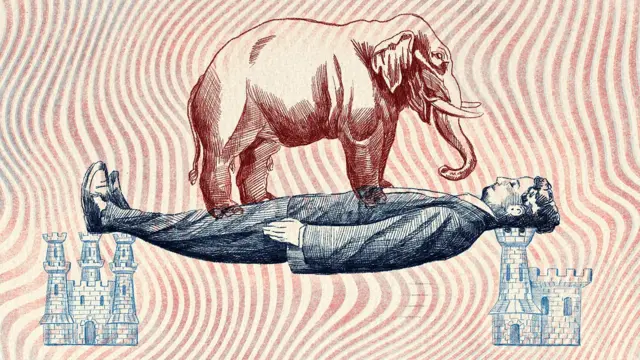 Малюнок, на якому чоловік лежить головою на одному маленькому замку, а ногами - на іншому. На людині стоїть слон