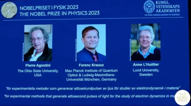 Le prix Nobel de physique a été attribué mardi aux Français Pierre Agostini et Anne L'Huillier ainsi qu'à l'Austro-Hongrois Ferenc Krausz.