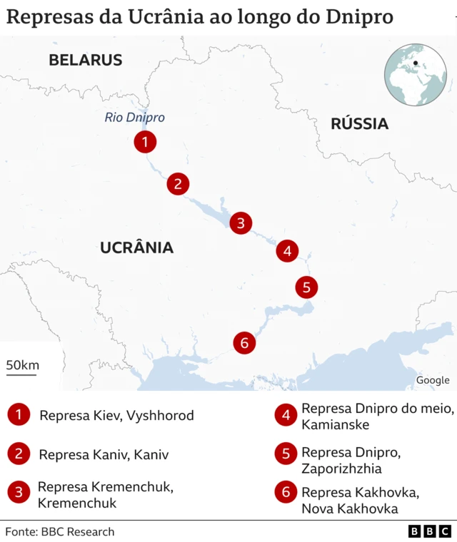 Mapa mostrando barragens ao longo do Rio Dnipro na Ucrânia