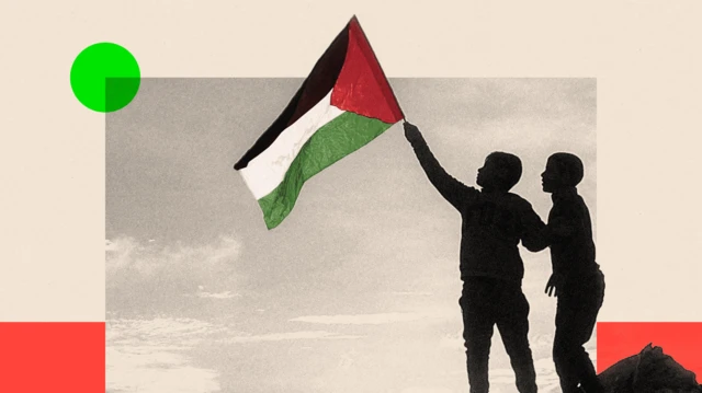 একটি ধ্বংসস্তূপের উপরে এক কিশোর ফিলিস্তিনি পতাকা নিয়ে দৌড়াচ্ছে