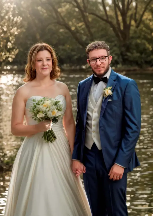 كاتي إينيل، واحدة من الأشخاص العشرة الذين تم تصويرهم للمعرض، تظهر مع شريكها في يوم زفافهما المتوقع عام 2025