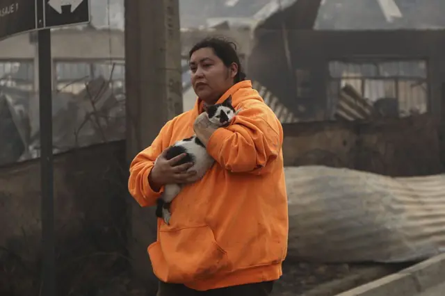 Una persona con sudadera naranja lleva un gato entre los brazos en medio de los daños causados ​​por la destrucción de viviendas tras un incendio forestal que afectó al municipio de Penco, Chile, el 18 de enero de 2026. 