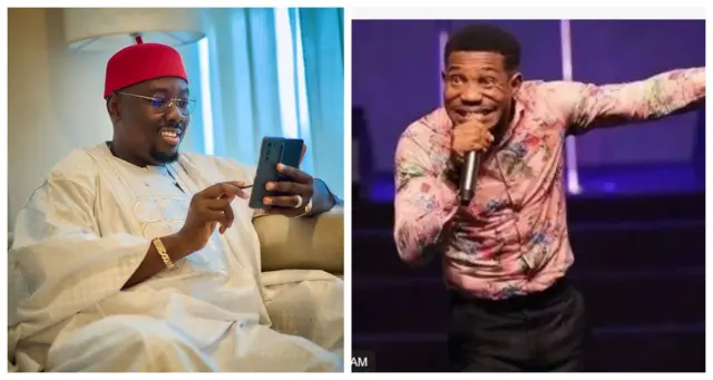 Obi Cubana lapa osi, o wọ agbada funfun, de fila pupa, o n tẹ foonu rẹ o si n rẹrin-in. Pasitọ Jerry Eze lo wa lapa osi, o n sọrọ si ẹrọ gbohun-gbohun, o nawọ rẹ sapa ọtun.