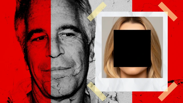 Arka planda Jeffrey Epstein'ın kısmen kırmızı tonlu, grenli bir görüntüsünü ve ön planda yüzü siyah bir çerçeveyle gizlenmiş genç bir kadının Polaroid tarzı bir görüntüsünü içeren, tasarlanmış bir kompozit görüntü.