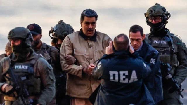 Maduro yanında altı güvenlik görevlisinin arasında elleri kelepçeli şekilde ilerliyor. Ağzını açarak bir şey söylediği anlalışılıyor.