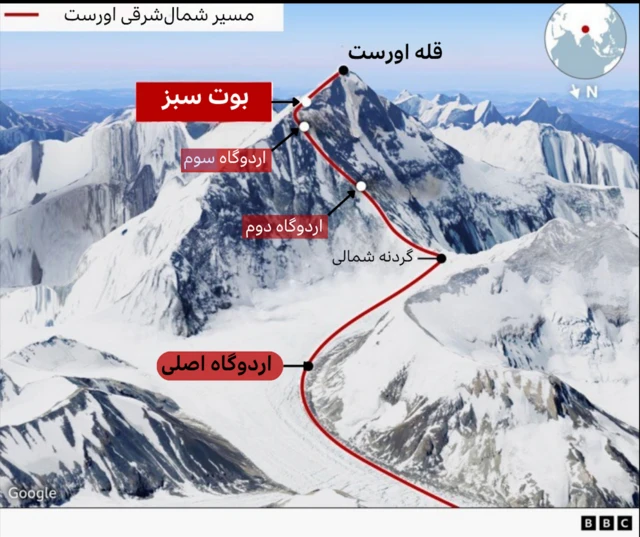 گرافیکی که نشان می‌دهد بوت سبز در کدام قسمت اورست قرار دارد.