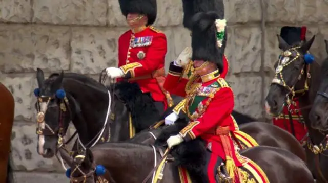 Di Prince of Wales don take di final birthday salute on behalf of di Queen for Horse Guards Parade.