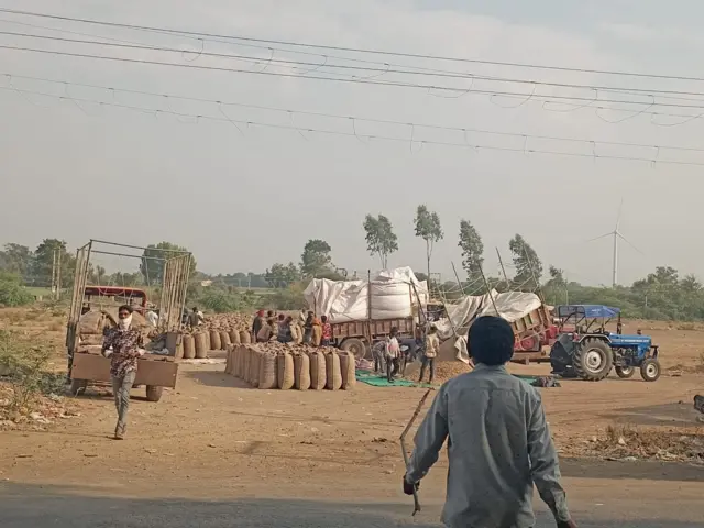 રાજકોટ જિલ્લાના વિંછીયા તાલુકાના મગફળી ખરીદ કેન્દ્ર બહાર સોમવારે મગફળી ભરેલ વાહનોની લાંબી હાર. 