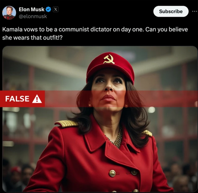 Captura de tela de uma postagem de Elon Musk no X que diz: "Kamala promete ser uma ditadora comunista desde o primeiro dia. Você acredita que ela usa essa roupa!?" O texto é acompanhado por uma imagem que parece mostrar Kamala Harris vestindo uniforme vermelho, incluindo um boné com um martelo e uma foice. O texto da BBC sobreposto por cima diz "falso"