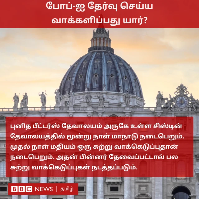 புனித பீட்டர்ஸ் தேவாலயம் அருகே உள்ள சிஸ்டின் தேவாலயத்தில் மூன்று நாள் மாநாடு நடைபெறும். முதல் நாள் மதியம் ஒரு சுற்று வாக்கெடுப்புதான் நடைபெறும். அதன் பின்னர் தேவைப்பட்டால் பல சுற்று வாக்கெடுப்புகள் நடத்தப்படும். 