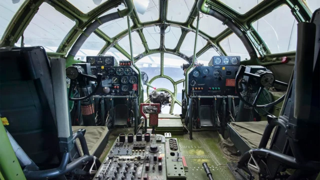 The B-29 was the first bomber plane to have a pressurised cockpit, which meant crew didn't have to wear bulky, heated flight suits (Credit: Imperial War Museum Duxford) 