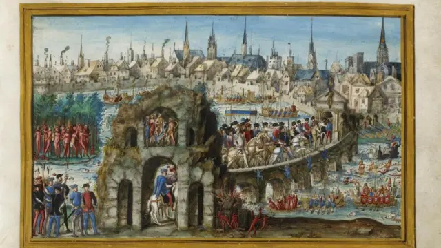 Pintura retrata encenação na festa brasileira em Rouen para a entrada do rei Henrique 2º, em 1550