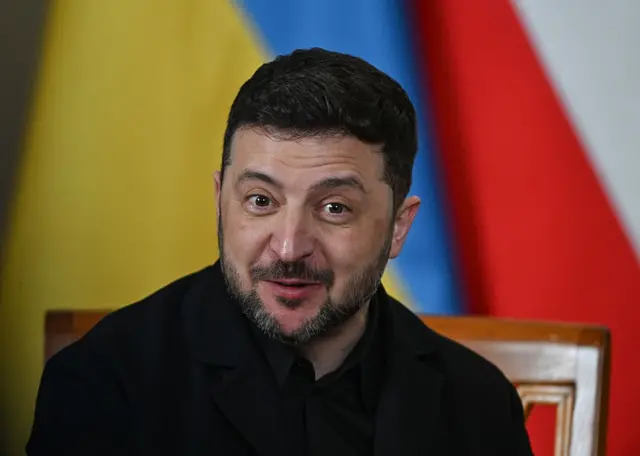 Зеленский на фоне флагов Україны и Польши что-то говорит, улыбаясь и легко поднимая брови.