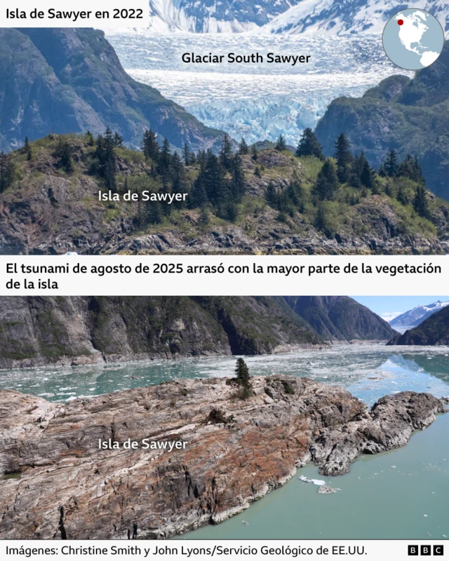 La imagen superior muestra una isla cubierta de vegetación verde y árboles dentro de un fiordo, enclavada entre dos montañas. Detrás se alza un enorme glaciar de color azul hielo. La imagen inferior muestra que el glaciar se ha derretido y la isla ha quedado despojada de vegetación, salvo un árbol.