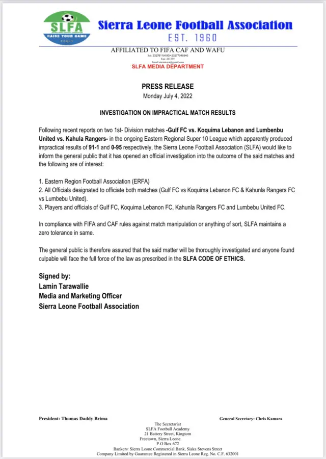 Iwe ikede ti ajọ bọọlu Sierra leone kọ lori ipinnu rẹ lati gbe iwadi kalẹ lori awọn ifẹsẹwọn mejeeji naa