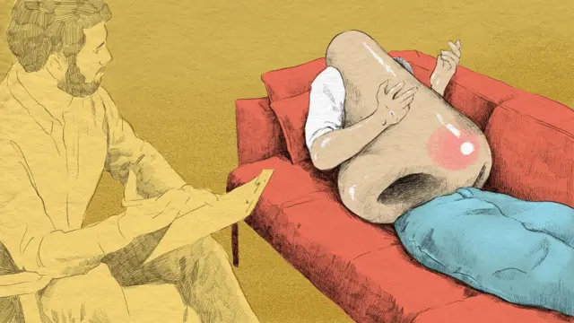 코의 형상을 한 사람이 의사 진찰을 받는 모습을 묘사한 그래픽