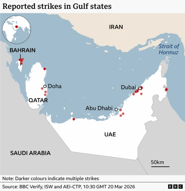 A map shows the most recent Iranian strikes in the UAE, Bahrain and Qatar, highlighted with red dots