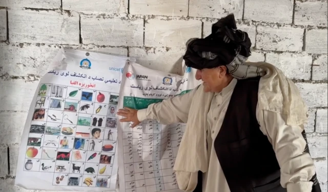  Ҳукмина эркак кийимида, бошида салла, деворга осилган алфавитга қараяпти