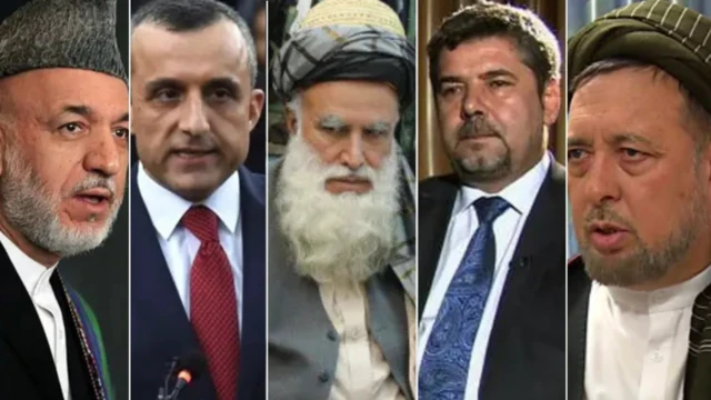 چهره چند چهره مطرح سیاسی افغانستان که در یک قاب تصویر جمع شدهاند. از راست، محمد محقق، رحمتالله نبیل، عبدالرب رسول سیاف، امرالله صالح و حامد کرزی