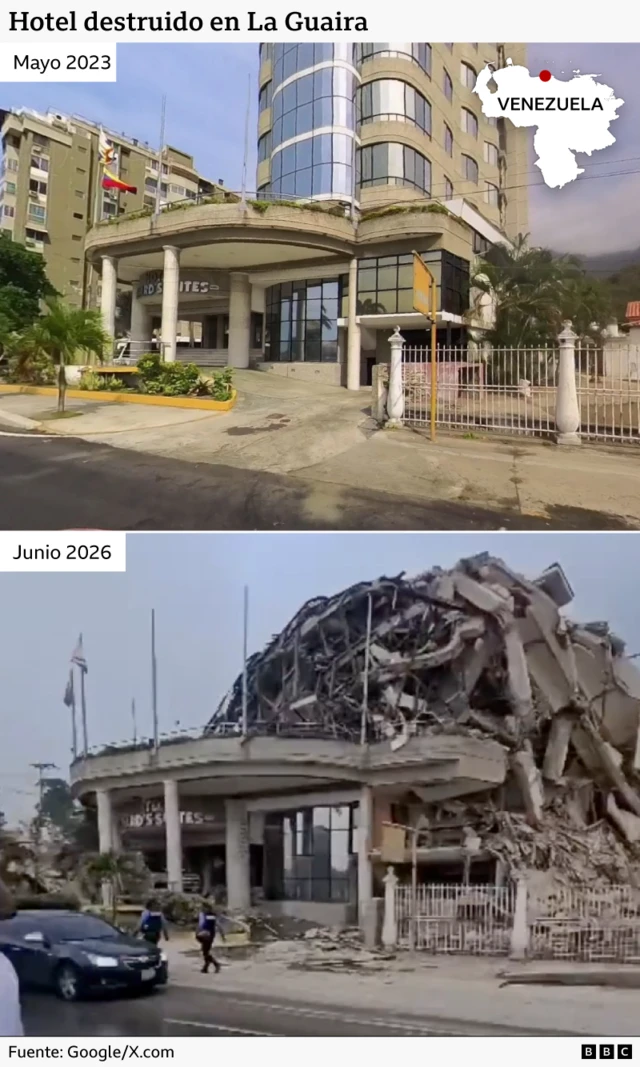 Fotos de un hotel en La Guaira antes y después de los terremotos. En la foto posterior se ve al hotel como una montaña de escombros