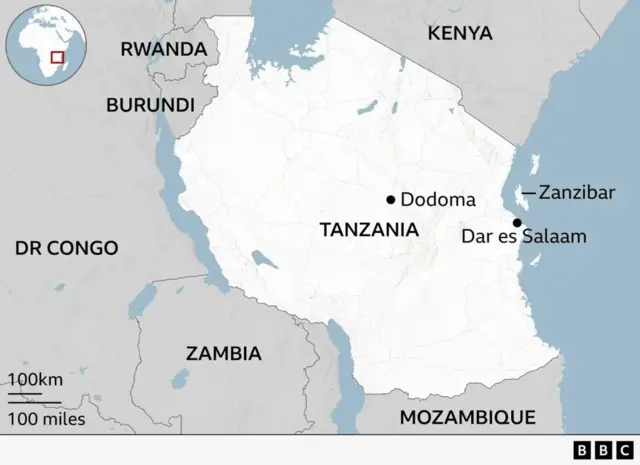 Ikarita ya Tanzania igaragaza imijyi ya Dodoma, Dar es Salaam n'ibirwa bya Zanzibar, n'ibihugu bihana imbibi na Tanzania birimo u Rwanda n'u Burundi. 